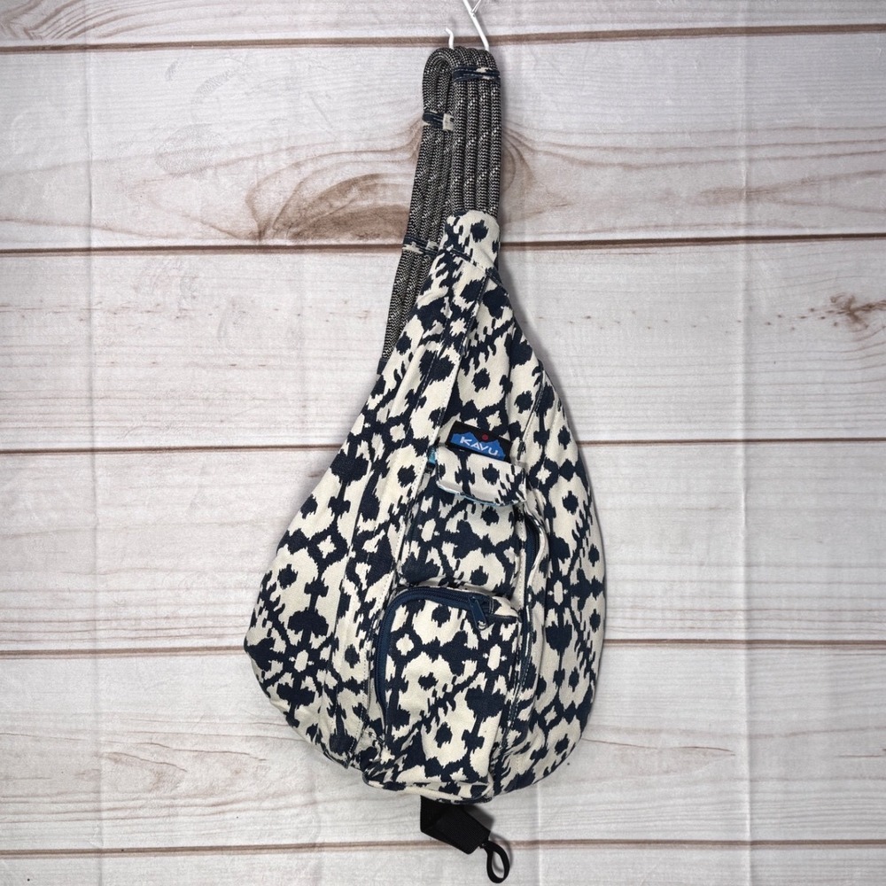 KAVU Rope Bag Sling Backpack Navy White Geometric Canvas Crossbody